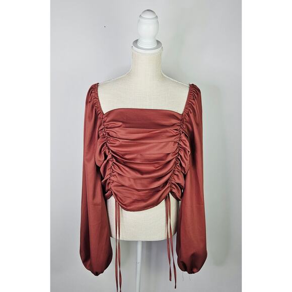 Arula Rust Satin Ruched Long Sleeve Blouse Top Size C 22 Peasant Romantic Date - Picture 1 of 11